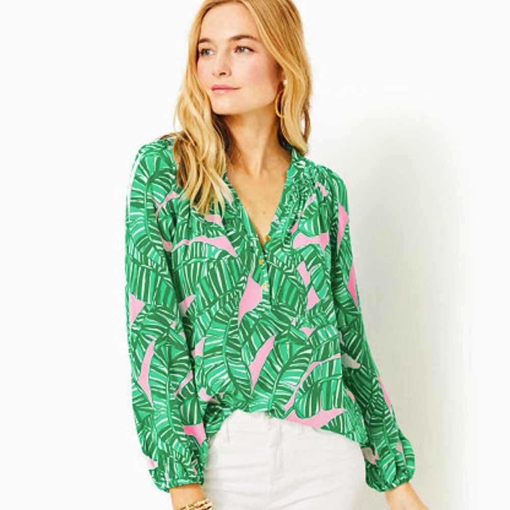 Lilly Pulitzer NWT Elsa Silk Top Conch Shell Pink Green Palm Size Medium